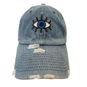 Kbethos Vintage Distressed Denim Baseball Cap W/ Evil Eye & Pineapple Embroidery